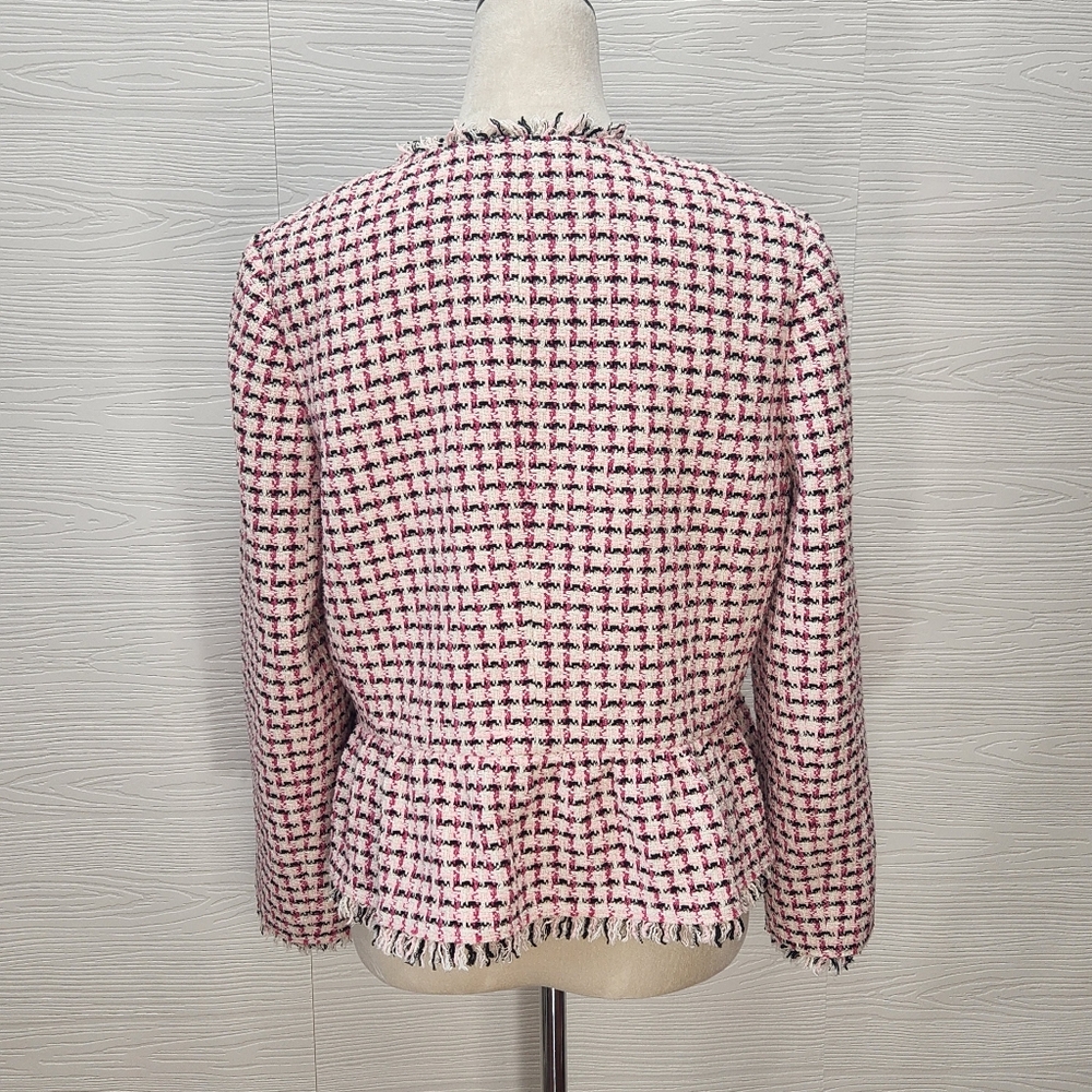 Kate Spade New York Pink Cropped Tweed Peplum Jacket Size 8 Fringe Bold Buttons - Picture 12 of 15